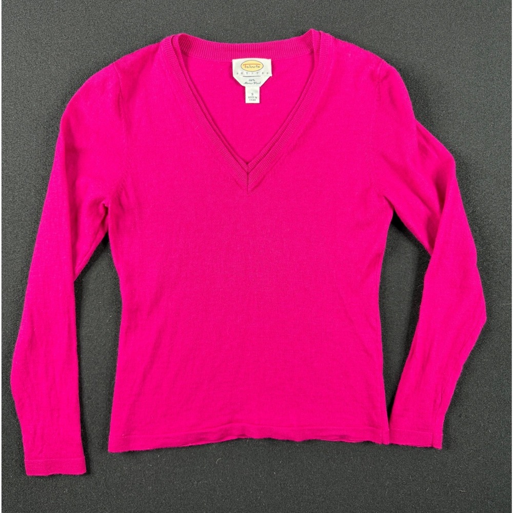 Talbots Petites Hot Pink 100% Merino Wool V-Neck Sweater Size Small Petite
